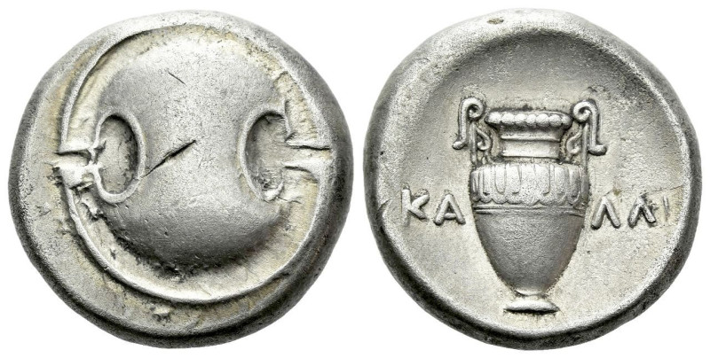 Boeotia, Thebes Stater, magistrate Kalli- circa 395-338, AR 21.00 mm., 12.19 g....