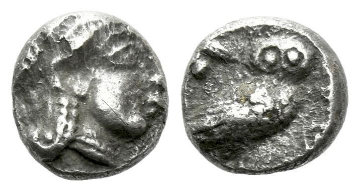 Attica, Athens Obol circa 485-480, AR 7.00 mm., 0.59 g.
Head of Athena r., wear...