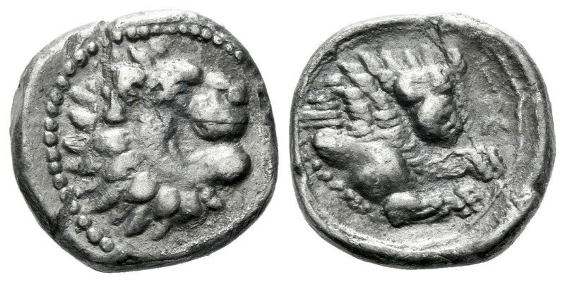 Cyprus, Roikos Amathus 1/3 stater circa 350, AR 14.00 mm., 1.86 g.
head of lion...