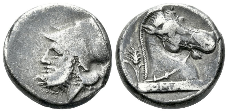 Didrachm circa 310-300, AR 18.60 mm., 7.28 g.
Helmeted head of bearded Mars l.;...