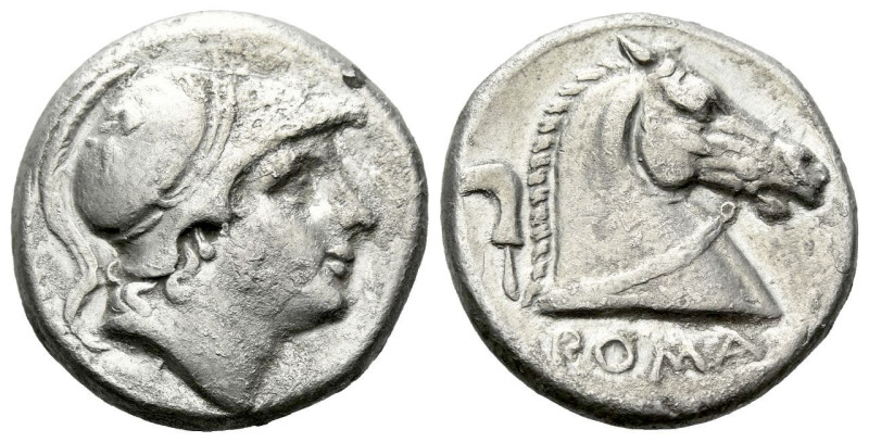 Didrachm circa 241-235, AR 18.70 mm., 6.64 g.
Helmeted head of beardless Mars r...