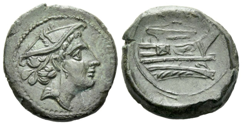 Semuncia circa 212-215, Æ 18.50 mm., 5.38 g.
Head of Mercury r. Rev. ROMA Prow ...