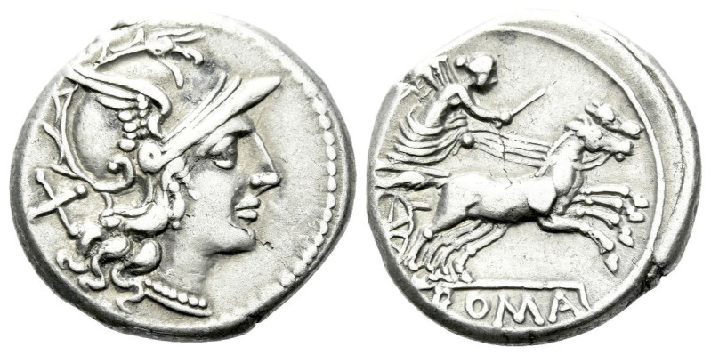 Denarius circa 157-156, AR 17.80 mm., 3.98 g.
Helmeted head of Roma r.; behind ...