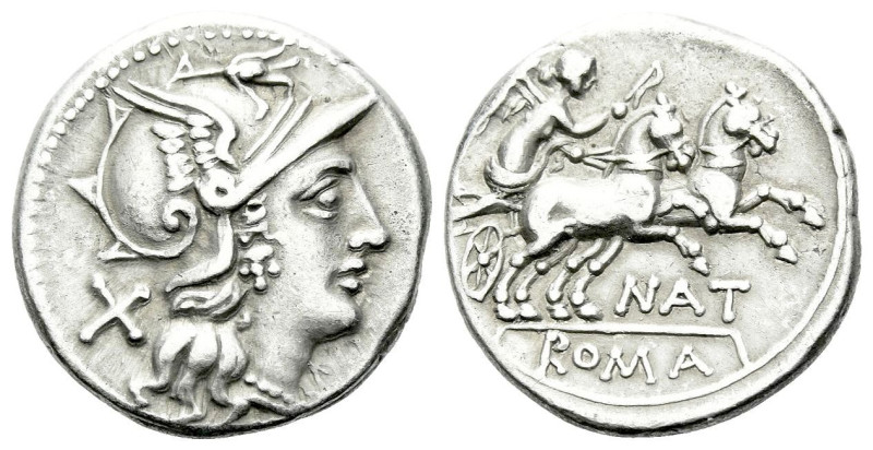 Pinarius Natta. Denarius circa 155, AR 17.50 mm., 3.85 g.
Helmeted head of Roma...