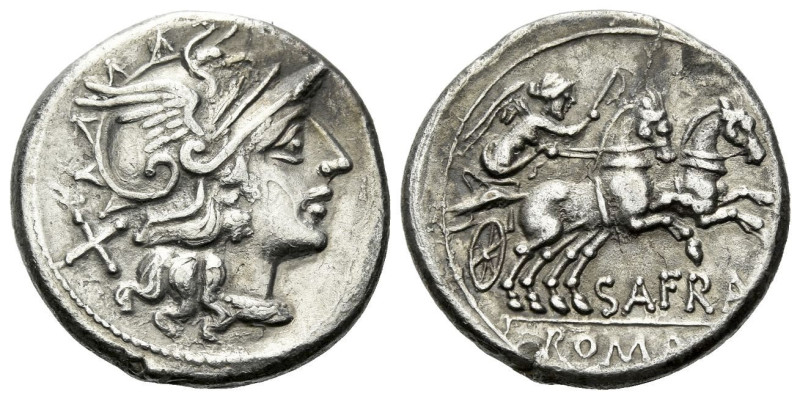 S. Afranius. Denarius circa 150, AR 19.30 mm., 3.67 g.
Helmeted head of Roma r....