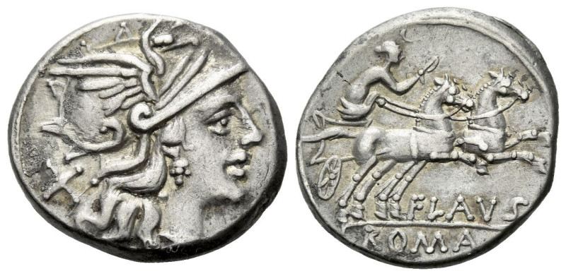 Decimius Flavus Denarius circa 150, AR 17.80 mm., 3.96 g.
Helmeted head of Roma...