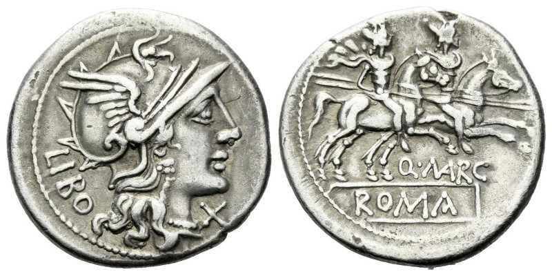 Q. Marcius Libo. Denarius circa 148, AR 19.90 mm., 3.57 g.
Helmeted head of Rom...