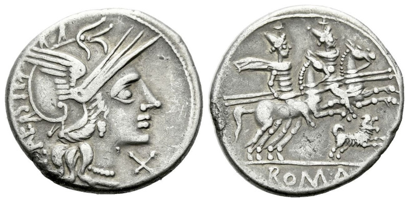 C. Antesti. Denarius crica 146, AR 19.40 mm., 3.72 g.
Helmeted head of Roma r.;...