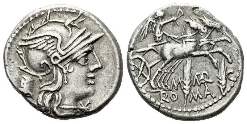M. Marcius Mn. f. Denarius circa 134, AR 18.80 mm., 3.90 g.
Helmeted head of Ro...