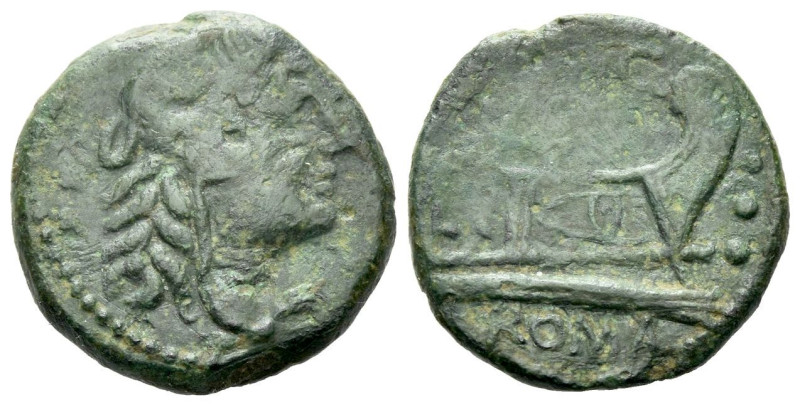 M. Marcius Mn. F. Quadrans circa 134, Æ 18.40 mm., 4.50 g.
Head of Hercules r.,...