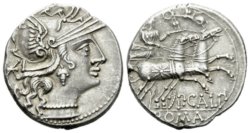P. Calpurnius. Denarius circa 133, AR 19.60 mm., 3.89 g.
Helmeted head of Roma ...
