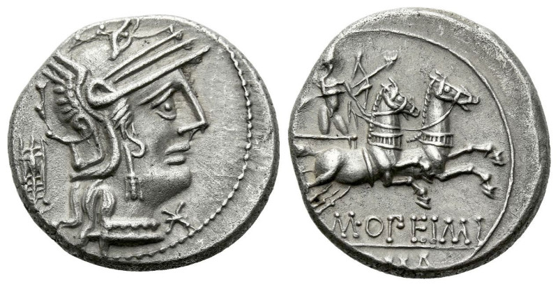 M. Opimius. Denarius circa 131, AR 17.70 mm., 3.91 g.
Helmeted head of Roma r.;...