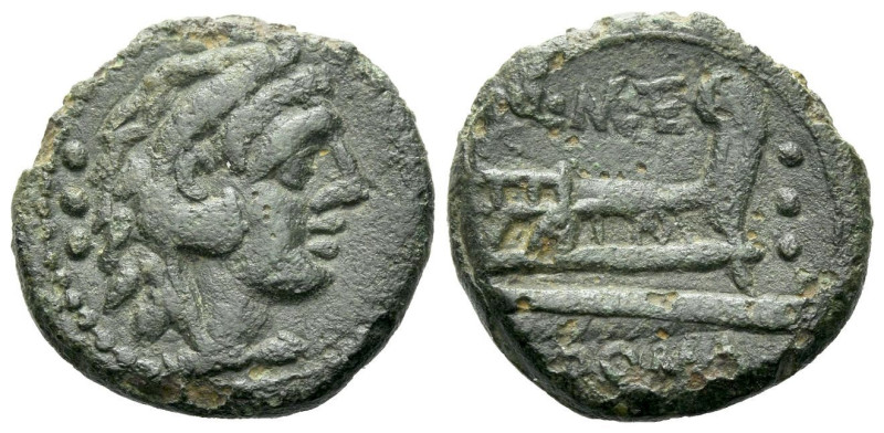 Q. Caecilius Metellus Quadrans circa 130, Æ 18.90 mm., 4.71 g.
Head of Hercules...