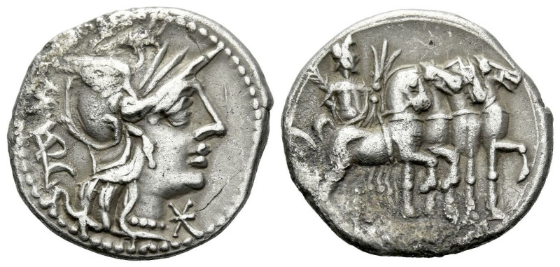 M. Vargunteius. Denarius circa 130, AR 19.80 mm., 3.72 g.
Helmeted head of Roma...
