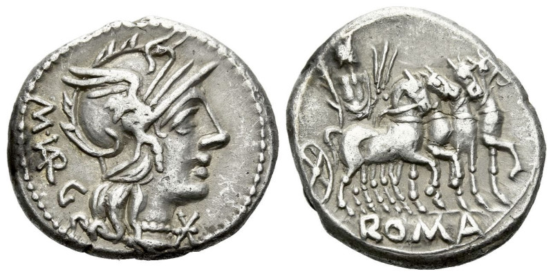 M. Vargunteius. Denarius circa 130, AR 19.60 mm., 3.86 g.
Helmeted head of Roma...