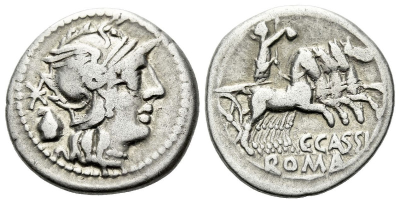 Cn. Domitius Calvinus. Denarius circa 128, AR 18.40 mm., 3.81 g.
Helmeted head ...