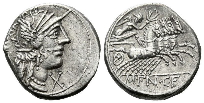 M. Fannius C.f. Denarius circa 123, AR 18.00 mm., 3.92 g.
Helmeted head of Roma...
