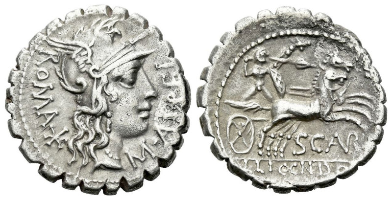 L. Licinius Crassus, Cn. Domitius Ahenobarbus and associates Denarius serratus c...