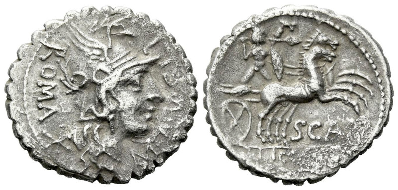 L. Licinius Crassus, Cn. Domitius Ahenobarbus and associates. Denarius serratus ...