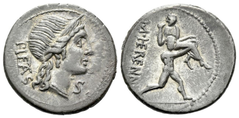 M. Herennius. Denarius circa 108-107, AR 19.50 mm., 3.84 g.
PIETAS Diademed hea...