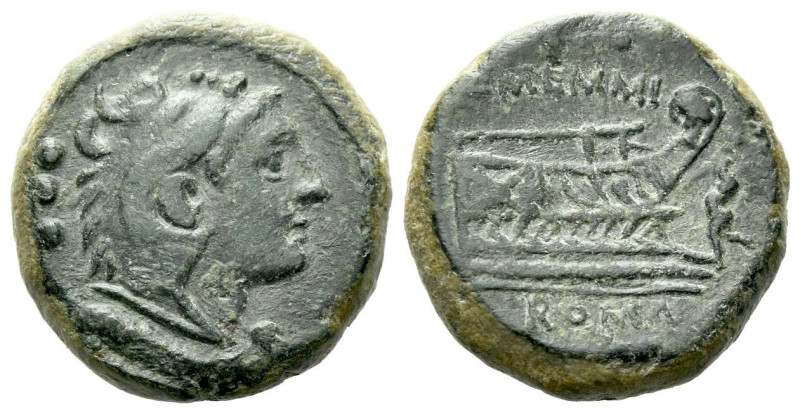 L. Memmius Galeria Quadrans circa 106, Æ 17.80 mm., 6.76 g.
Head of Hercules r....