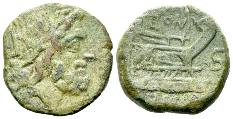 L. Pomponius Molo. Semis circa 97 (?), Æ 20.50 mm., 7.33 g.
Laureate head of Sa...
