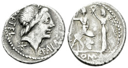 C. Publicius Malleolus, A. Postumius Sp. f. Albinus and L. Metellus. Denarius 96 (?)