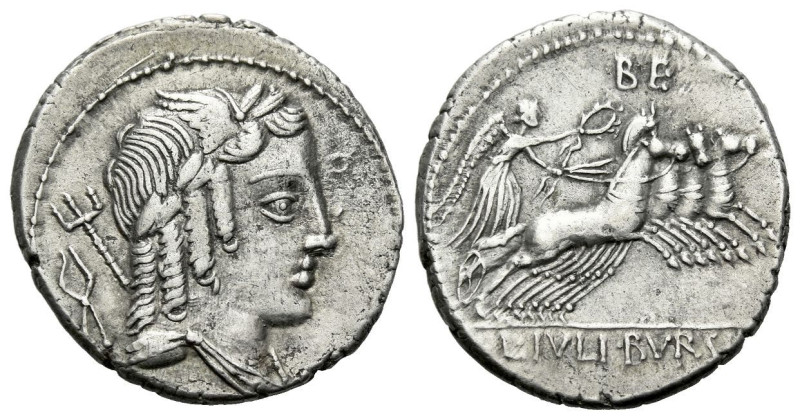 L. Iulius Bursio. Denarius circa 85, AR 18.70 mm., 3.90 g.
Male head r., with t...