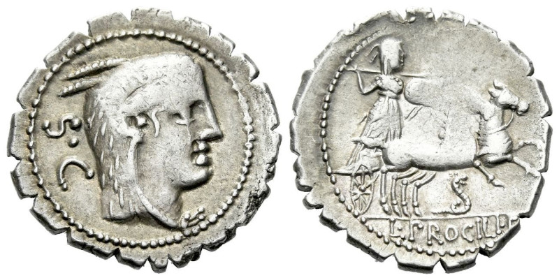 L. Procilius. Denarius serratus circa 80, AR 19.60 mm., 3.88 g.
Head of Juno So...