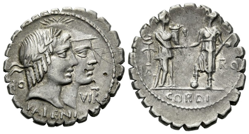 Q. Fufius Calenus and Mucius Cordus Denarius serratus circa 70, AR 20.50 mm., 4....