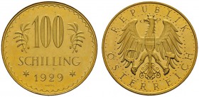 Römisch-Deutsches Reich 
 Haus Österreich 
 1. Republik 1918-1938 
 100 Schilling 1929. Her. 8, J. 437, Fr. 520. 23,64 g
 fast Stempelglanz aus po...