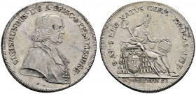Römisch-Deutsches Reich 
 Salzburg, Erzbistum 
 Sigismund III. von Schrattenbach 1753-1771 
 Taler 1757. Hl. Rupert neben Wappen nach rechts sitzen...