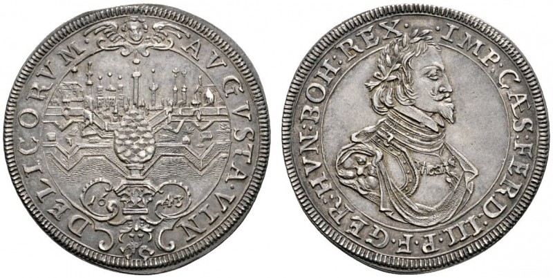 Altdeutsche Münzen und Medaillen 
 Augsburg, Stadt 
 1/2 Taler 1643. Stadtansi...