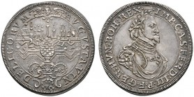 Altdeutsche Münzen und Medaillen 
 Augsburg, Stadt 
 1/2 Taler 1643. Stadtansicht von Süden, davor Stadtpyr über Jahreszahl / Belorbeertes Brustbild...