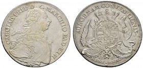 Altdeutsche Münzen und Medaillen 
 Baden-Durlach 
 Karl Friedrich 1746-1811 
 Konventionstaler 1765. Wiel. 707a, Dav. 1933.
 gutes sehr schön