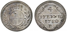 Altdeutsche Münzen und Medaillen 
 Brandenburg-Ansbach 
 Alexander 1757-1791 
 4 Pfennig 1780 -Bayreuth-. Slg. Wilm. 1138, Slg. Grüber 4822.
 Prac...