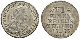 Altdeutsche Münzen und Medaillen 
 Brandenburg-Preußen 
 Friedrich II. 1740-1786 
 1/6 Taler 1753 -Aurich-. Olding 57, v.Schr. 284f.
 selten in di...