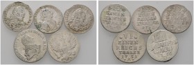 Altdeutsche Münzen und Medaillen 
 Brandenburg-Preußen 
 Friedrich II. 1740-1786 
 Lot (5 Stücke): 1/6 Taler 1751 -Berlin-, 1/12 Taler 1753 und 175...