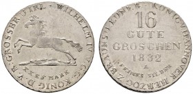 Altdeutsche Münzen und Medaillen 
 Braunschweig-Calenberg-Hannover 
 Wilhelm IV. 1830-1837 
 16 Gute Groschen 1832 A/L. AKS 66, J. 33d.
 winzige K...