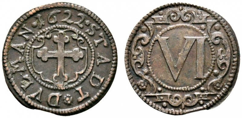 Altdeutsche Münzen und Medaillen 
 Dülmen, Stadt 
 Cu-6 Pfennig 1622. Weing. 1...