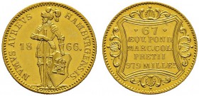 Altdeutsche Münzen und Medaillen 
 Hamburg, Stadt 
 Dukat 1866 -Hannover-. AKS 11, J. 93b, Gaed. 249n, Fr. 1142. 3,50 g
 vorzüglich-Stempelglanz