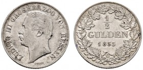 Altdeutsche Münzen und Medaillen 
 Hessen-Darmstadt 
 Ludwig III. 1848-1877 
 1/2 Gulden 1855. AKS 124, J. 50.
 gutes sehr schön