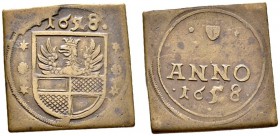 Altdeutsche Münzen und Medaillen 
 Hildesheim, Stadt 
 Messing-Mühlenzeichen (klippenförmig) 1658. Stadtschild zwischen Rosetten und Sternchen, darü...