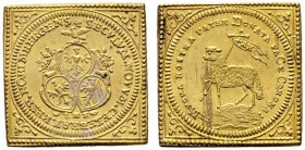 Altdeutsche Münzen und Medaillen 
 Nürnberg, Stadt 
 Lammdukatenklippe 1700 (geprägt 1755-1764) mit Mzz. IMF. Drei Stadtwappen / Lamm mit Friedens­f...