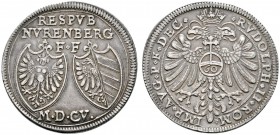 Altdeutsche Münzen und Medaillen 
 Nürnberg, Stadt 
 Reichsguldiner 1605. Zwei Wappen über der römischen Jahreszahl / Gekrönter Doppeladler, auf der...
