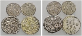Altdeutsche Münzen und Medaillen 
 Nürnberg, Stadt 
 Lot (4 Stücke): Kreuzer 1726 und 1786 sowie 2x Einseitiger Pfennig 1769 (Ke. 327,384,399).
 vo...