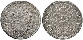 Altdeutsche Münzen und Medaillen 
 Oettingen-Wallerstein 
 Wolfgang IV., allein 1670-1708. Taler 1694 -Augsburg-. Stempel von P.H. Müller. Behelmtes...