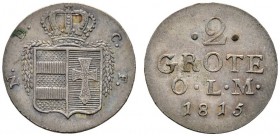 Altdeutsche Münzen und Medaillen 
 Oldenburg 
 Peter Friedrich Wilhelm 1785-1823 
 2 Grote 1815. AKS 5, J. 30.
 feine Patina, vorzüglich-Stempelgl...