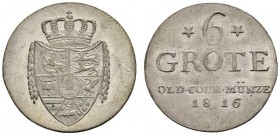 Altdeutsche Münzen und Medaillen 
 Oldenburg 
 Peter Friedrich Wilhelm 1785-1823 
 6 Grote 1816. AKS 3, J. 32.
 vorzüglich-prägefrisch