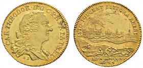 Altdeutsche Münzen und Medaillen 
 Pfalz-Kurlinie 
 Karl Theodor 1742-1799 
 Rheingolddukat 1764 -Mannheim-. Büste mit im Nacken gebundenem Haar na...